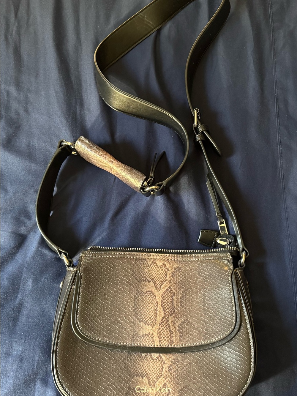 Calvin Klein Brown Snake-Embossed Crossbody Bag with Black Strap